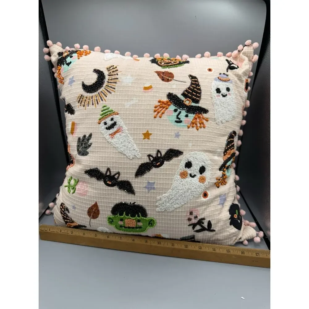Halloween Beaded Embroidered Throw Pillow Ghost Witch Bat Pumpkin 14” Pom Pom